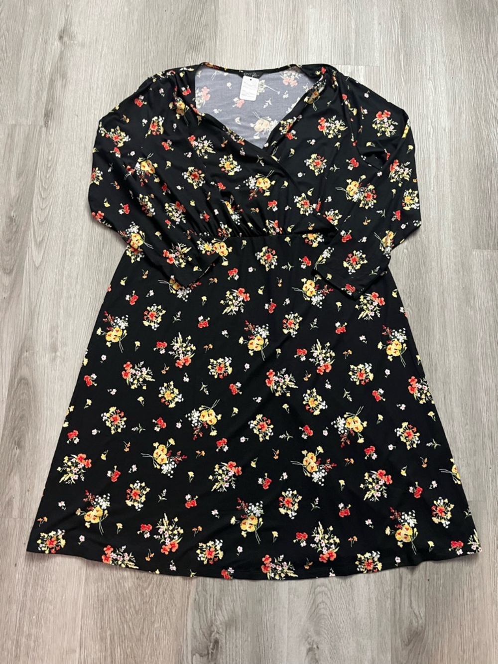 🔥177–Black Floral V-Neck Casual Dress with Long Sleeves